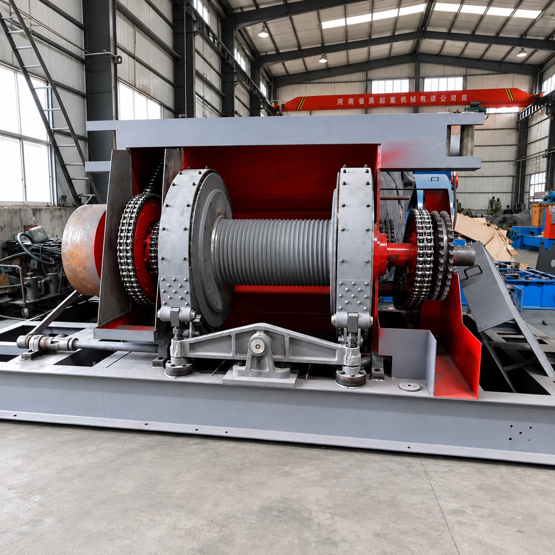 Drawworks drum with band brake system in the workshop