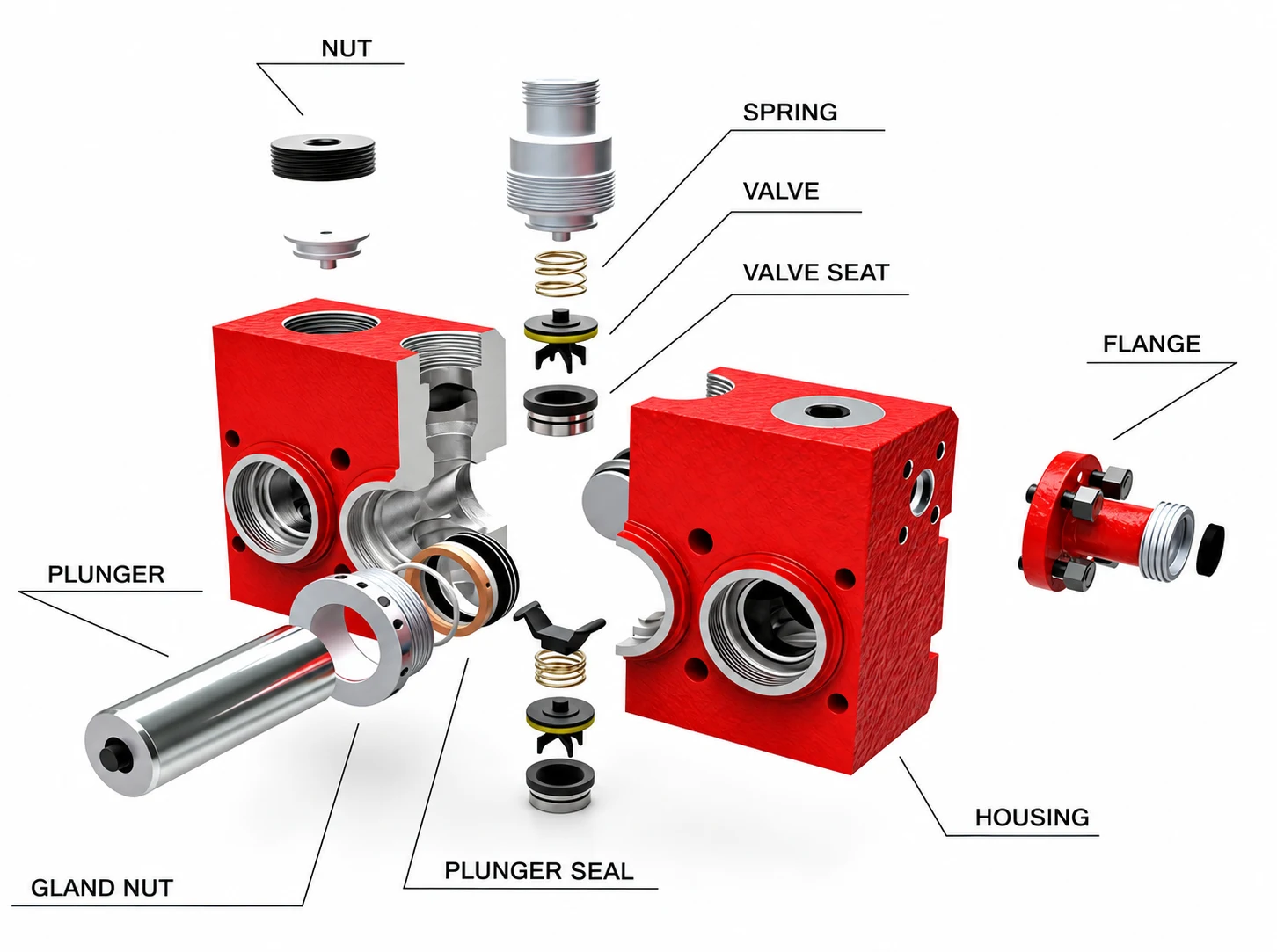 Exploded fluid-end diagram showing nut, spring, valve, valve seat, flange, plunger, gland nut, plunger seal and housing