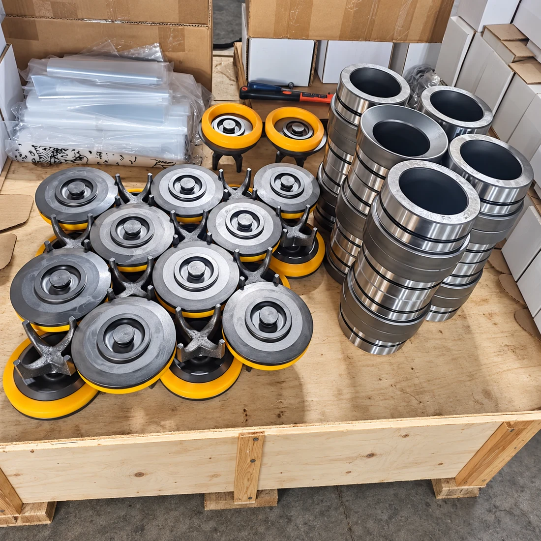 Valves and seats prepared together in a wooden shipping crate