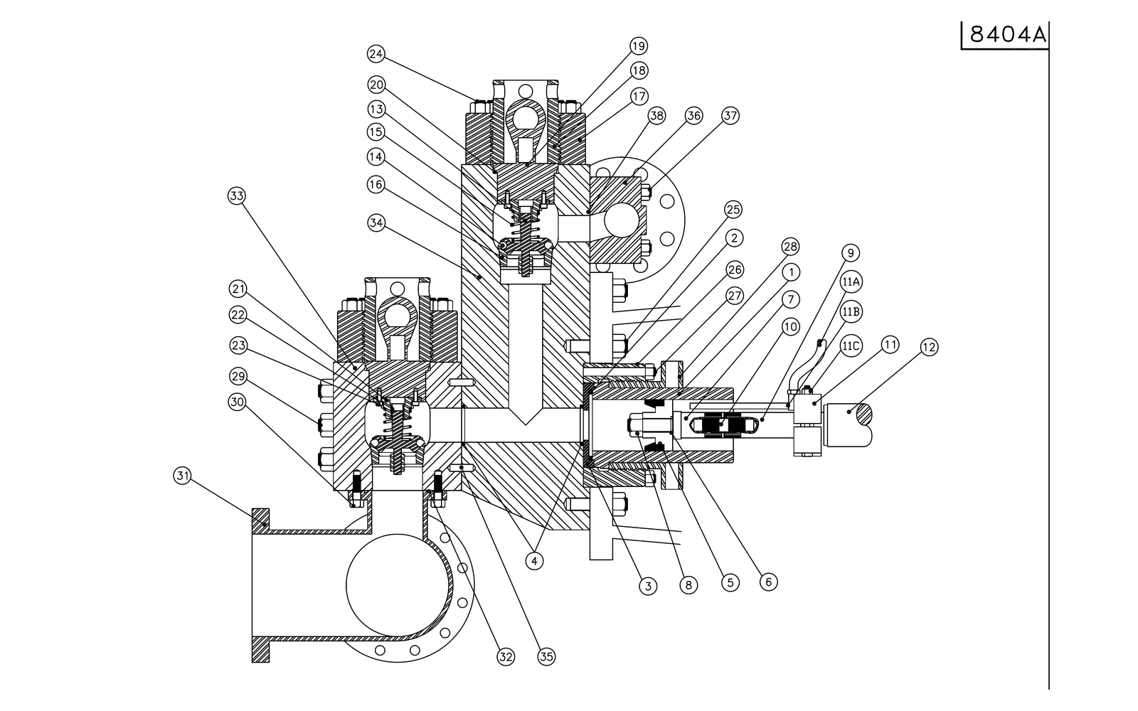 Southwest 8404A fluid-end sectional reference from the F-1300 and F-1600 parts catalog