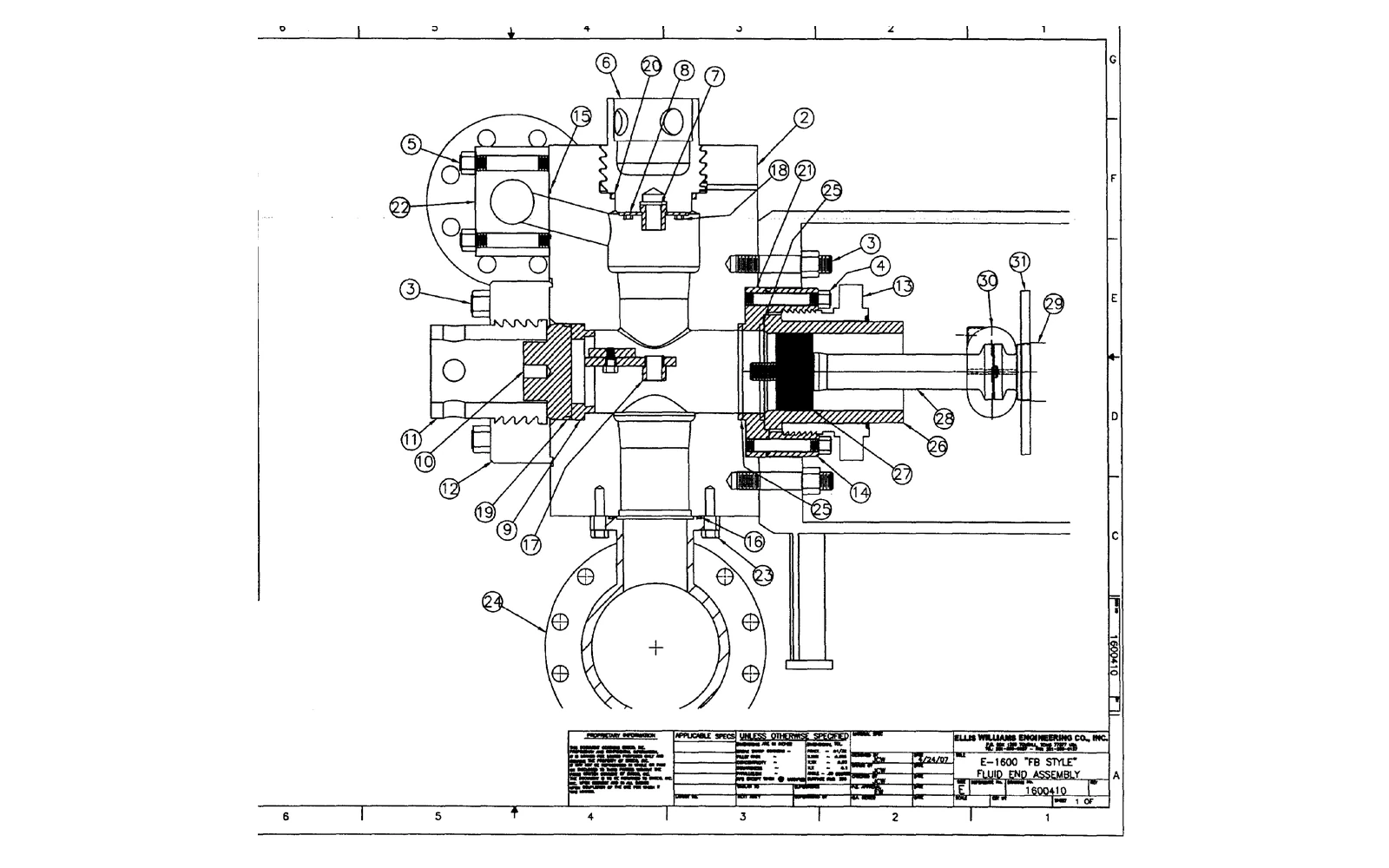 Ellis Williams E-1600 source reference illustration: Ellis Williams E-1600 FB-style fluid-end drawing; not proof of EMSCO FB-1600 compatibility.