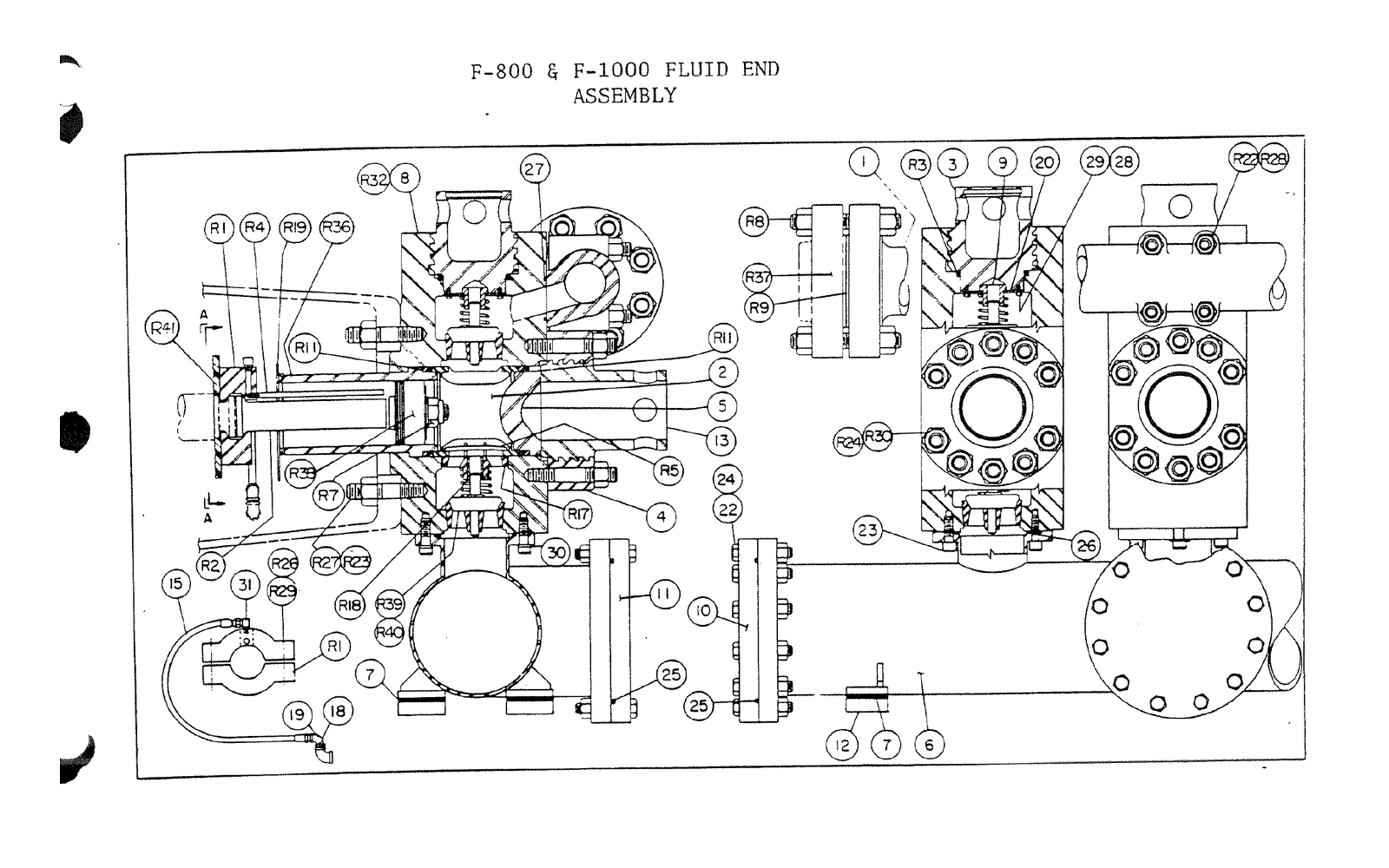 EMSCO F-1000 source reference illustration: Historical F-800 and F-1000 fluid-end drawing; compare the separate F-1000 edition before ordering.