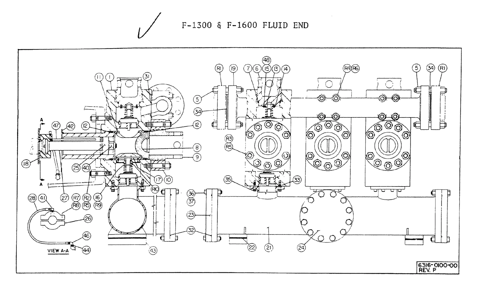 EMSCO F-1600 source reference illustration: Historical F-1300 and F-1600 fluid-end drawing; serial-dependent power-end sections are separate.