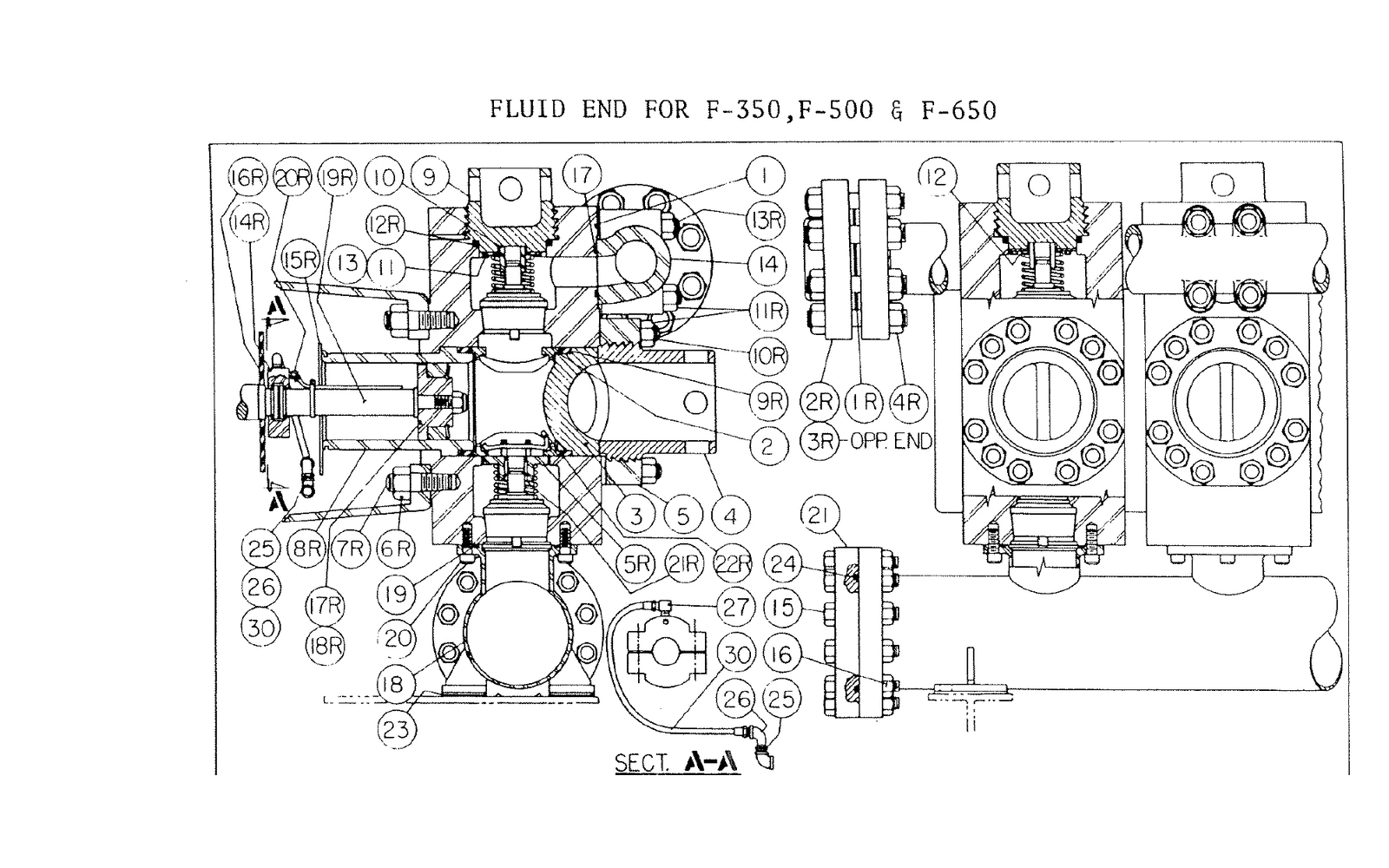 EMSCO F-350 source reference illustration: Historical fluid-end drawing covering F-350, F-500 and F-650; use the applicable model column.