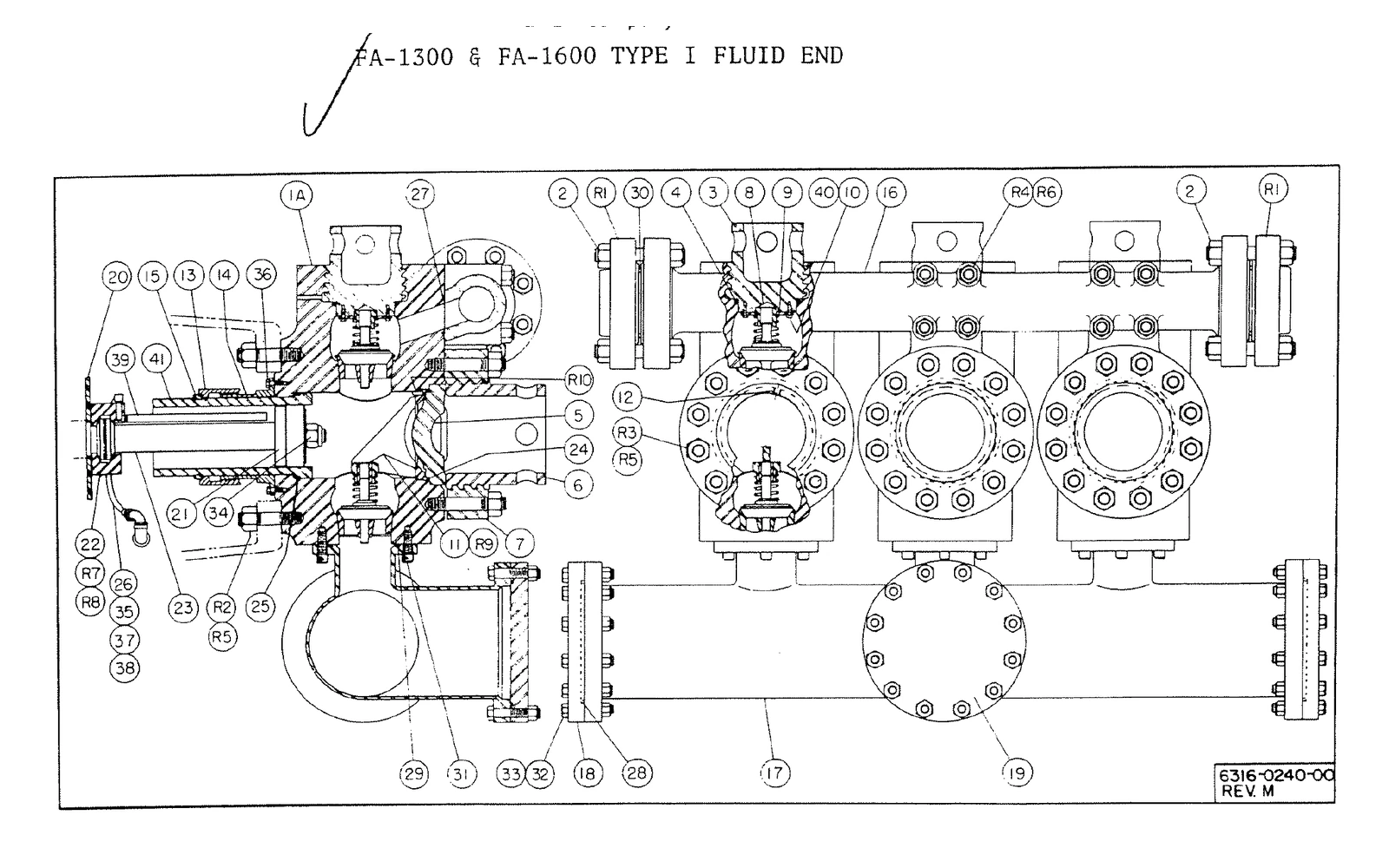 EMSCO FA-1300 source reference illustration: Historical FA-1300 and FA-1600 Type I fluid-end drawing; other types are separately listed.