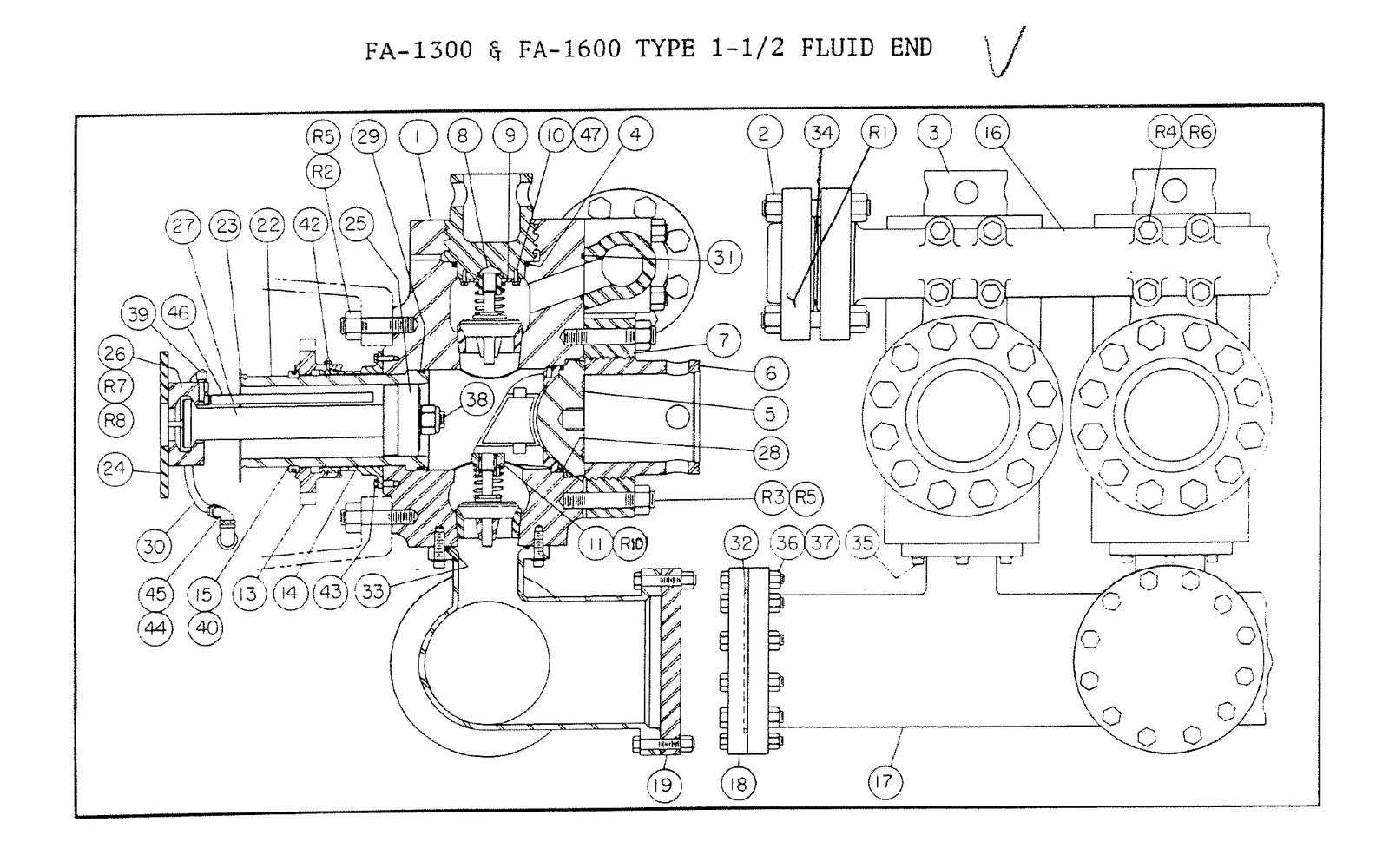 EMSCO FA-1600 source reference illustration: Historical FA-1300 and FA-1600 Type 1-1/2 fluid-end drawing; do not merge with Type I or II.