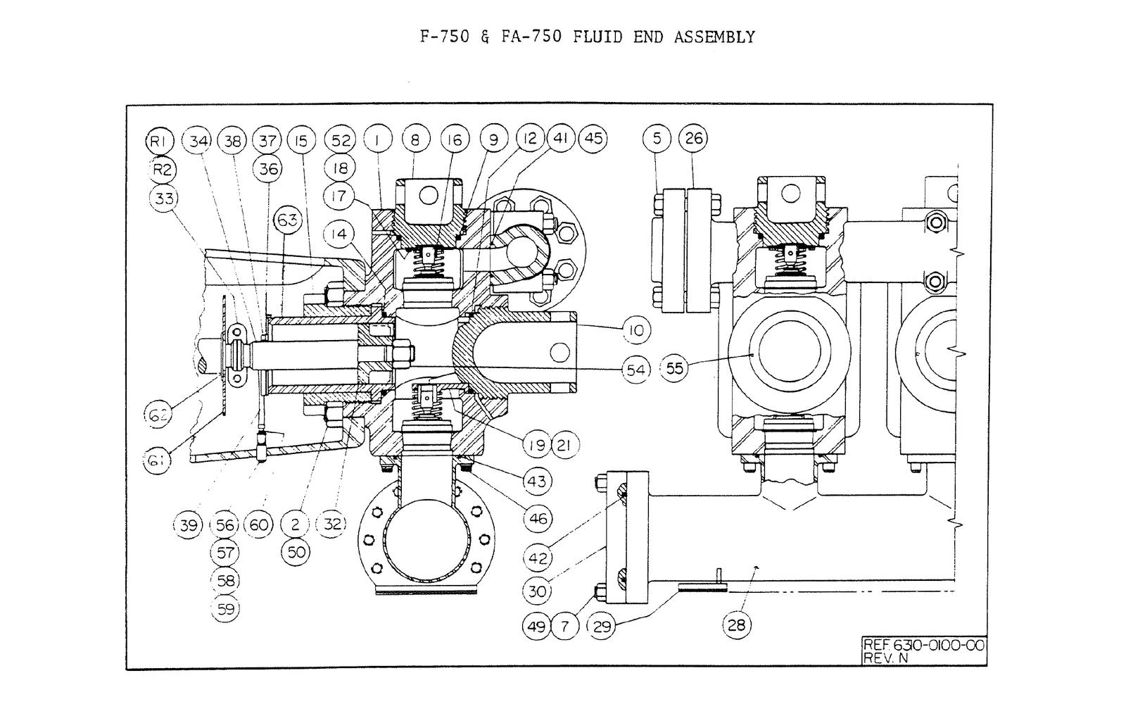 EMSCO FA-750 source reference illustration: Historical F-750 and FA-750 fluid-end drawing; read the FA-750-specific entries.