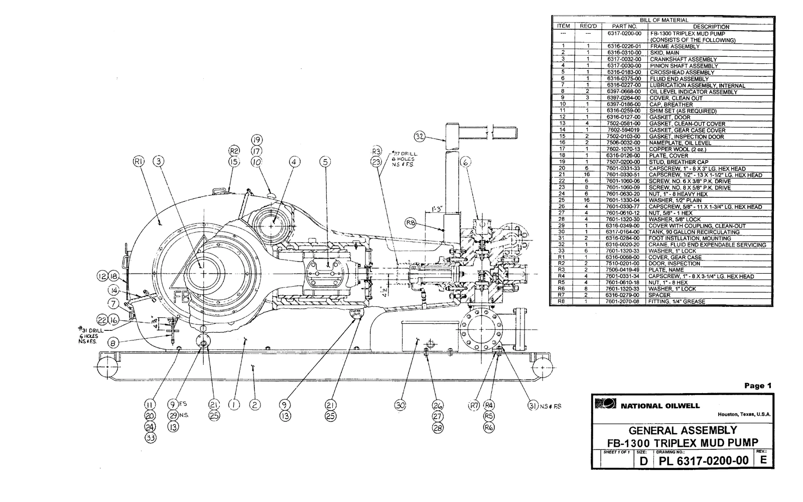 EMSCO FB-1300 source reference illustration: National-Oilwell FB-1300 general-assembly drawing from the supplied parts list.