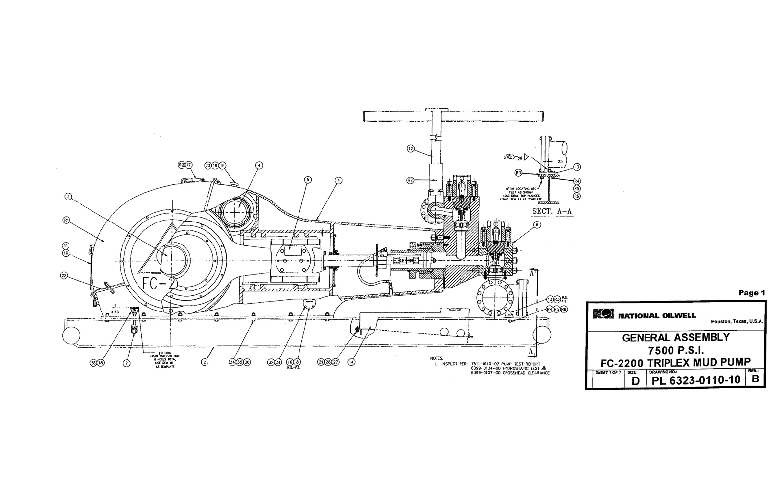 EMSCO FC-2200 source reference illustration: FC-2200 general-assembly drawing labelled 7500 PSI; that note is configuration-specific.