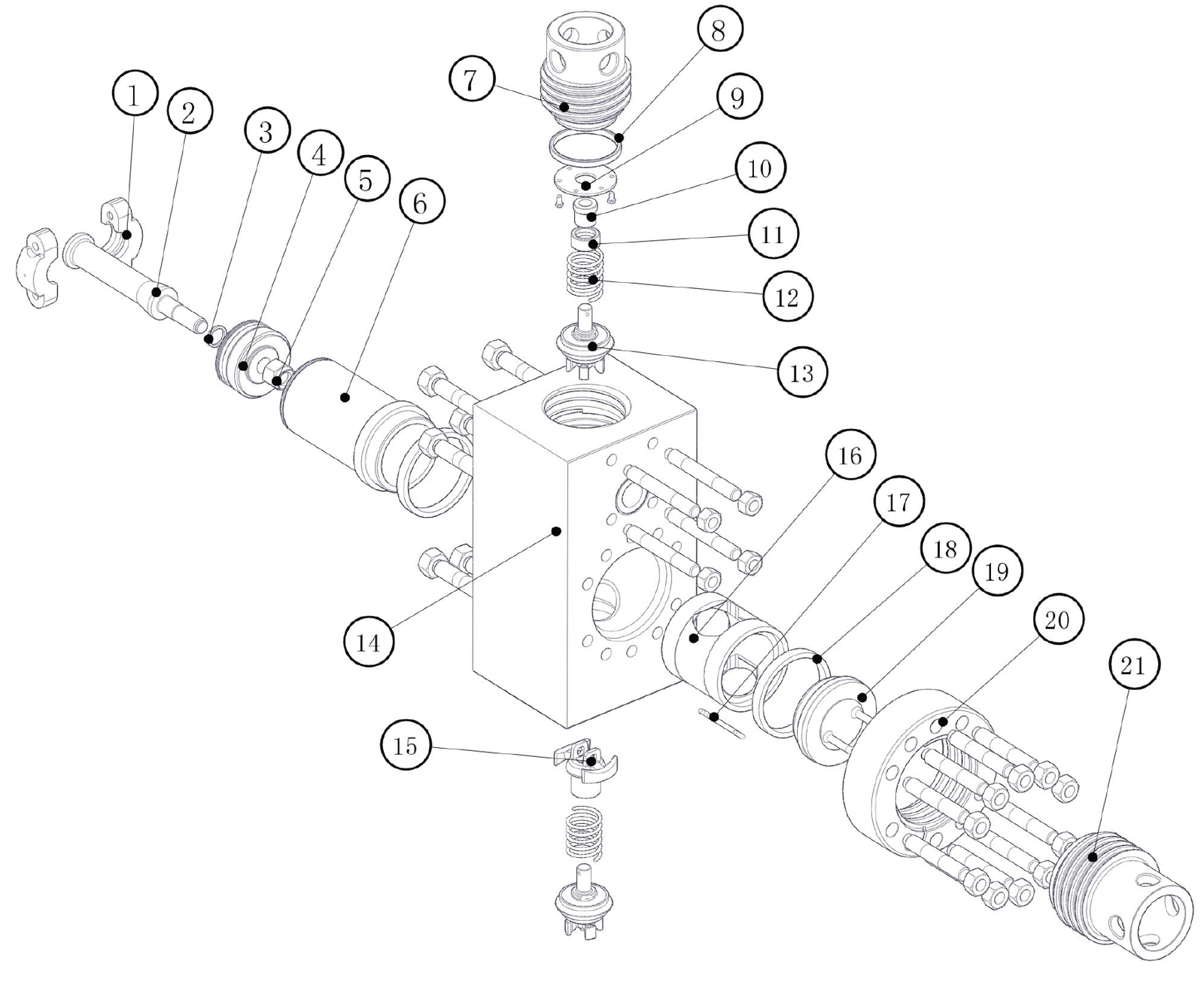 Shared 3NB-500F/800F/1000F fluid-cylinder illustration, bilingual material-code catalogue, PDF page 9; use the separate 1000F code table.