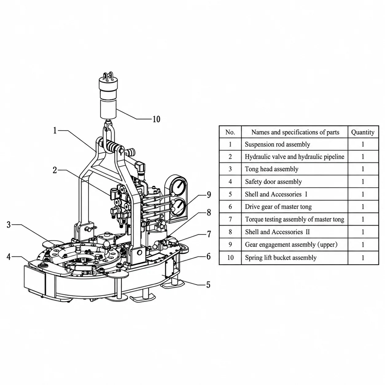 Numbered power tong assembly drawing and ten-item component reference table