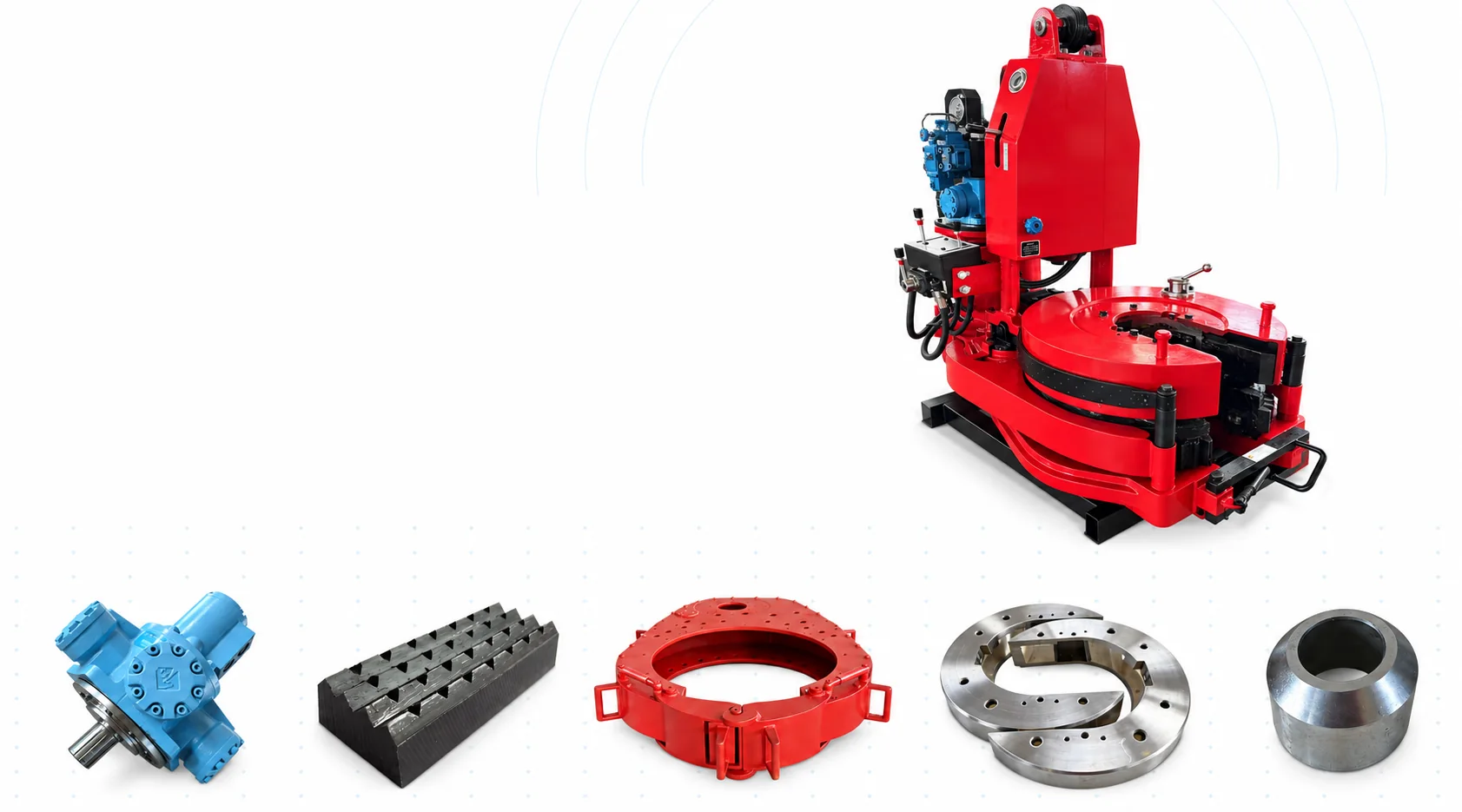 Red hydraulic power tong with hydraulic motor, dies and replacement components
