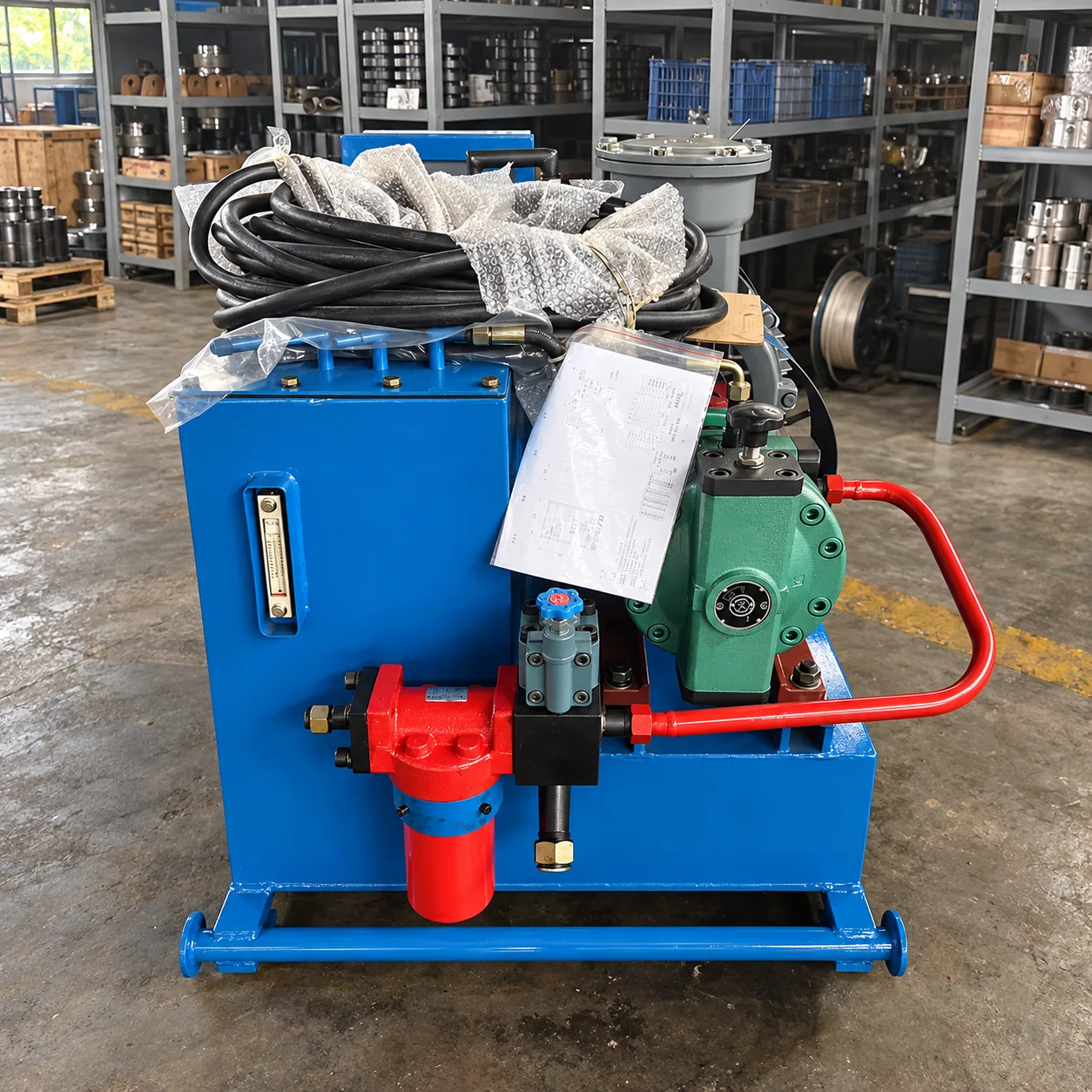 Blue hydraulic power unit with hoses and hydraulic components