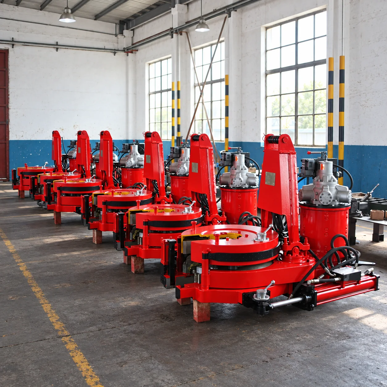 Row of red hydraulic power tong assemblies in the workshop