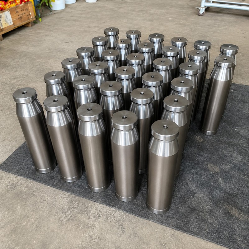 Polished pump plungers arranged in a workshop
