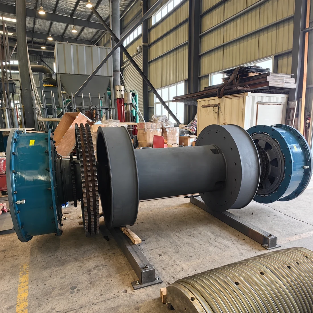 Drawworks drum and clutch assembly in the workshop