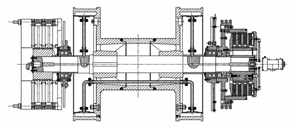 Technical cross-section drawing of a drawworks drum and brake assembly