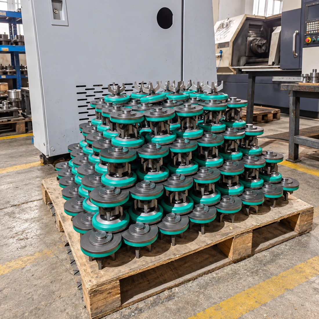 Fracturing pump valves with green inserts in the workshop